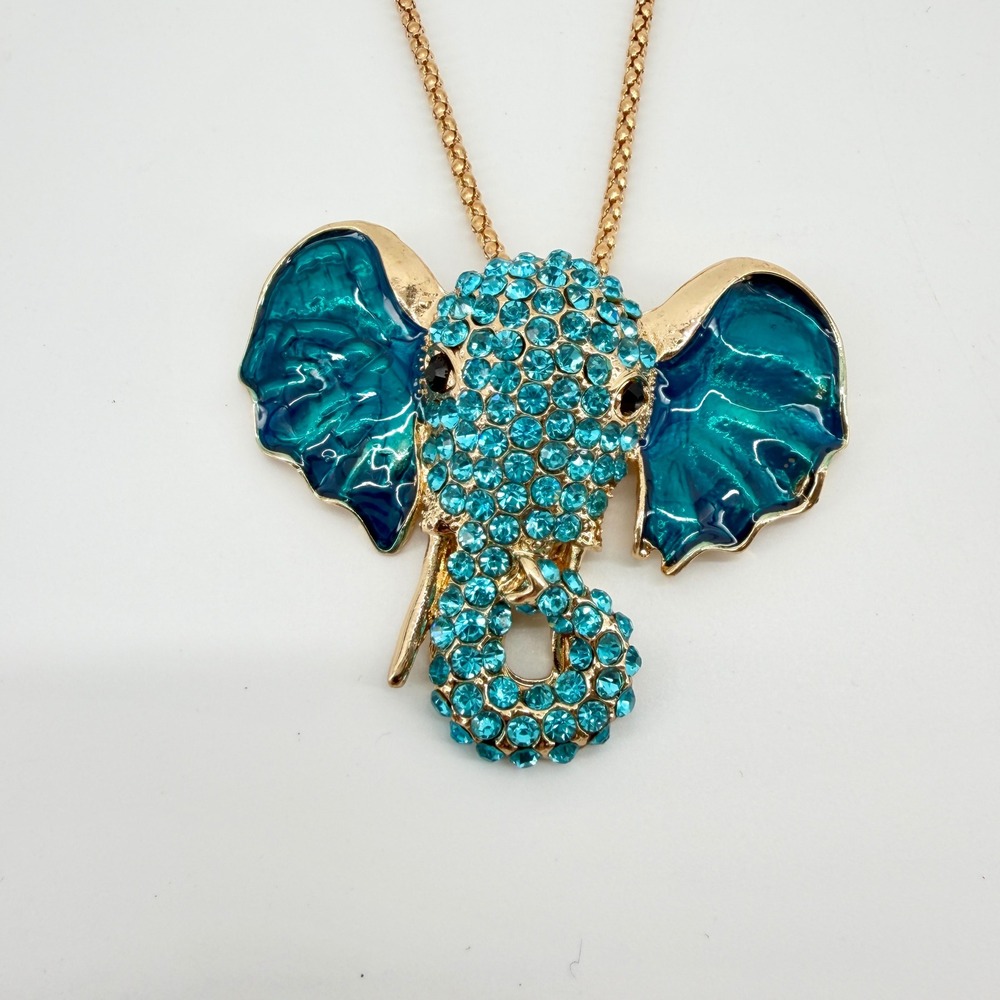 Betsey Johnson Rhinestone Enamel Elephant Necklace Gold Teal NEW